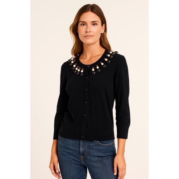KATE SPADE New York Rio De Janeiro Black Cardigan Sweater Embellished Large - Picture 5 of 12
